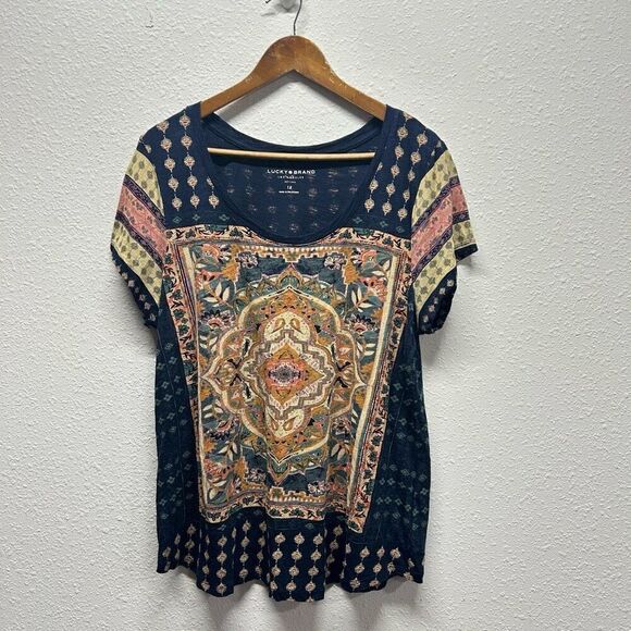 Lucky Brand Mandala Card Blue Persian Print Boho T Shirt Women’s Size 1X - Picture 1 of 14
